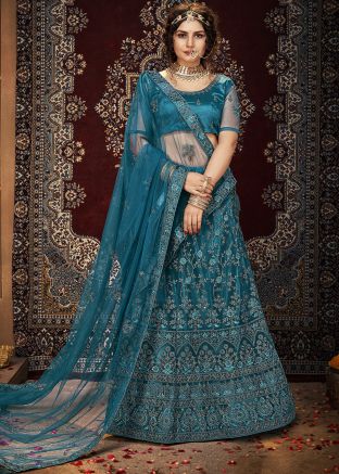 Blue Thread Embroidered Lehenga Choli In Net