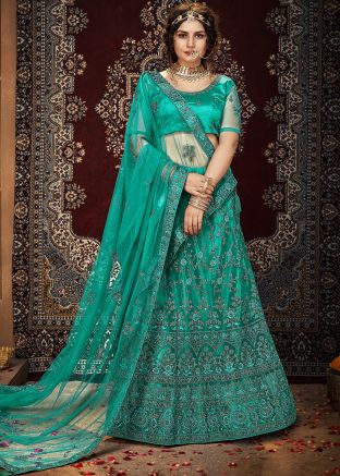 Turquoise Embroidered Net Lehenga Choli With Dupatta
