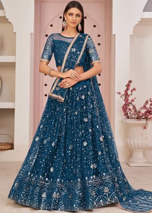 Blue Sequined Lehenga Choli In Net