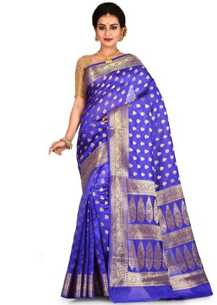 Blue Pure Silk Woven Saree With Blouse