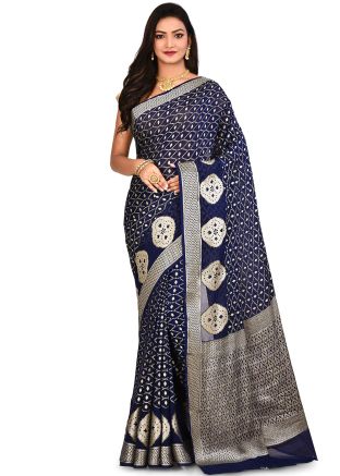 Blue Pure Silk Woven Saree With Blouse