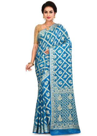Blue Woven Pure Silk Saree With Blouse