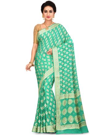 Woven Pure Silk Green Saree With Blouse