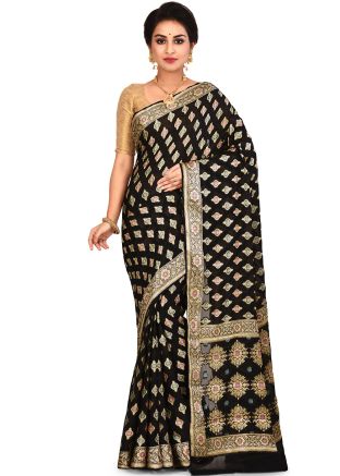 Black Woven Pure Silk Saree With Blouse