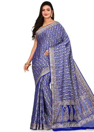 Woven Pure Silk Blue Saree With Blouse