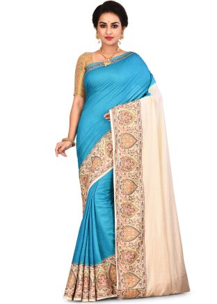 Blue and Cream Woven Pure Silk Saree With Blouse