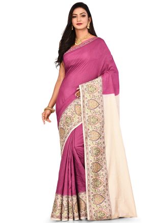 Cream and Pink Pure Silk Woven Saree With Blouse