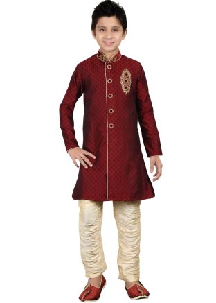 Readymade Maroon Brocade Kids Kurta Pajama