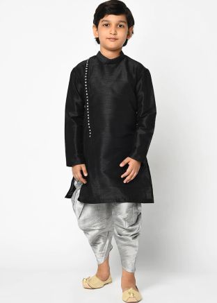 Readymade Silk Kids Dhoti Kurta In Black