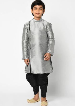 Grey Kurta With Readymade Kids Dhoti In Silk