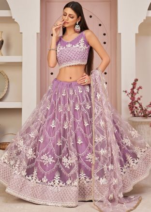 Purple Embroidered Lehenga & Choli In Net  