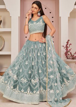 Blue Embroidered Net Lehenga Choli with Dupatta 