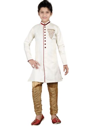 Readymade White Brocade Kids Kurta Pajama