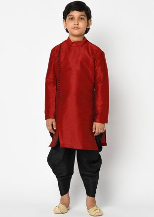 Maroon Kidswear Readymade Dhoti Kurta In Silk