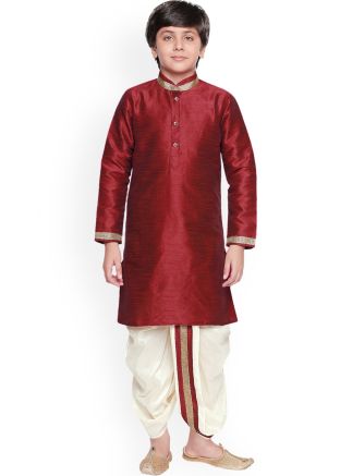 Readymade Maroon Embroidered Kids Kurta With Dhoti