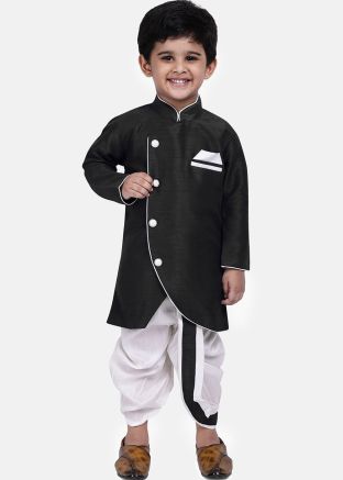 Black Readymade Solid Dhoti Kurta For Kids