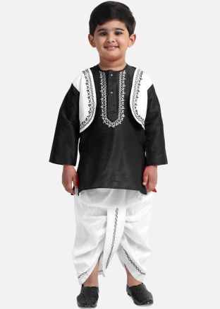 Black Silk Readymade Kids Kurta With Dhoti