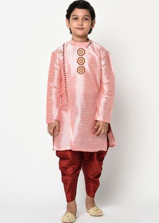 Peach Angrakha Style Side Slit Kids Kurta With Dhoti