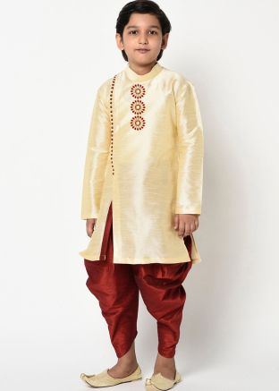 Cream Dupion Silk Angrakha Style Kids Kurta Dhoti Set