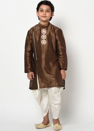 Brown Side Slit Angrakha Style Kids Kurta With Dhoti