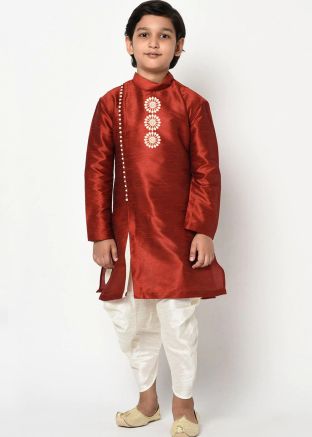 Maroon Readymade Angrakha Style Kids Kurta Dhoti Set