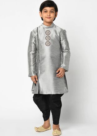Readymade Grey Angrakha Style Kids Kurta Dhoti Set