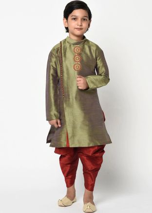 Green Angrakha Style Side Slit Kids Kurta With Dhoti