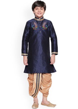 Navy Blue Embroidered Dupion Silk Kids Kurta With Dhoti