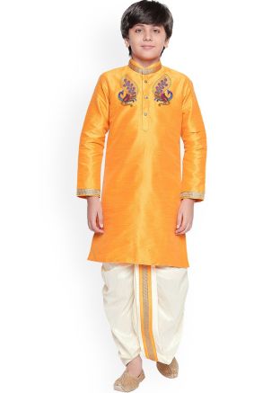 Yellow Dupion Silk Readymade Kids Kurta Dhoti Set