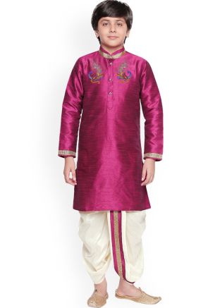 Magenta Readymade Dupion Silk Kids Kurta With Dhoti