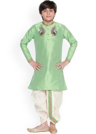 Green Dupion Silk Readymade Kids Kurta Dhoti Set