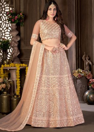 Peach Sequined Lehenga Choli In Net