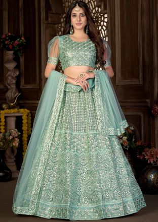 Sea Green Sequins Embroidered Lehenga Choli In Net