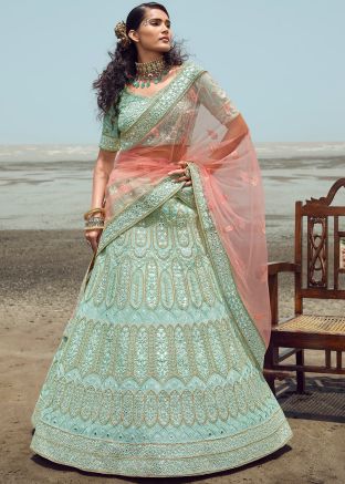 Turquoise Organza Embroidered Lehenga Choli