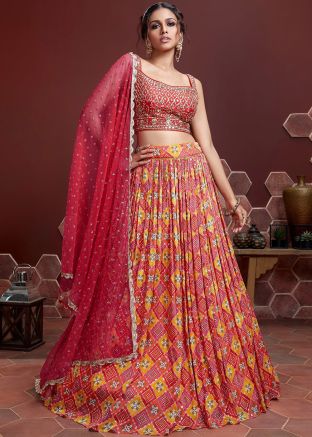 Red Printed Bridesmaid Lehenga Choli & Dupatta