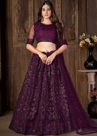 Purple Sequins Embroidered Lehenga Choli In Net
