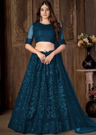 Blue Sequins Embroidered Lehenga Choli In Net