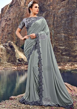 Grey Heavy Border Saree With Blouse