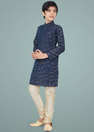 Blue Printed Readymade Kids Kurta Churidaar Set