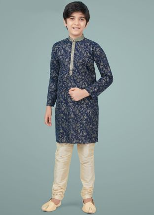 Blue Floral Print Readymade Kids Kurta Pajama