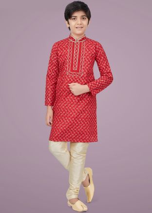 Red Printed Kids Readymade Kurta Pajama Set