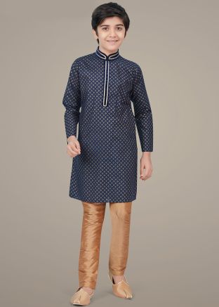 Dark Blue Printed Kids Readymade Kurta Pyjama