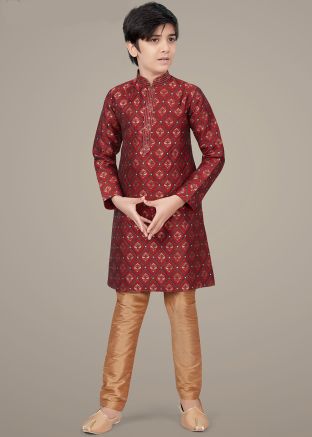 Maroon Readymade Jacquard Kids Kurta Pyjama