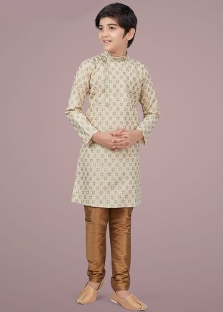 Cream Printed Readymade Kids Kurta Churidaar Set