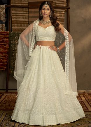 Cream Embroidered Georgette Lehenga Choli With Dupatta