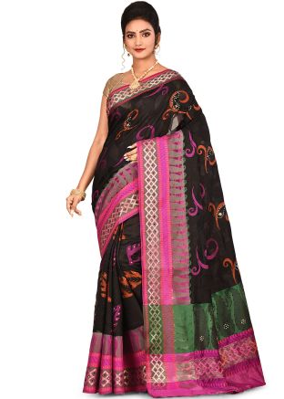 Black Woven Pure Silk Saree With Blouse