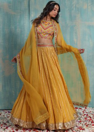 Readymade Yellow Embroidered Party Wear Lehenga Choli In Chiffon