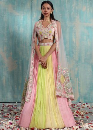 Pink & Yellow Embroidered Pleated Deisnger Chiffon Lehenga Choli