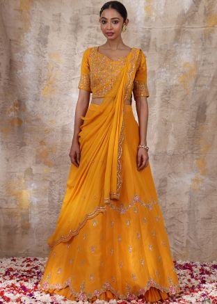 Yellow Embroidered Layered Organza Lehenga Choli