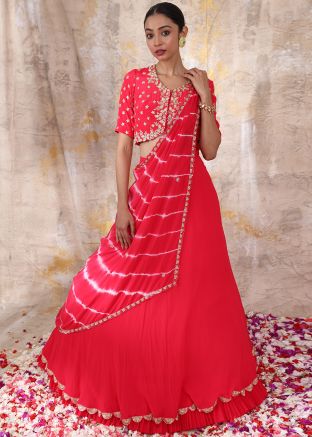 Readymade Red Embroidered Georgette Lehenga Choli